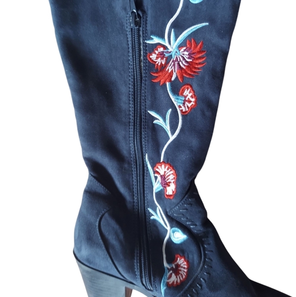 Carlos by Carlos Santana Alexia Floral Embroidered Knee-High Boots - Navy Blue - Picture 3 of 8